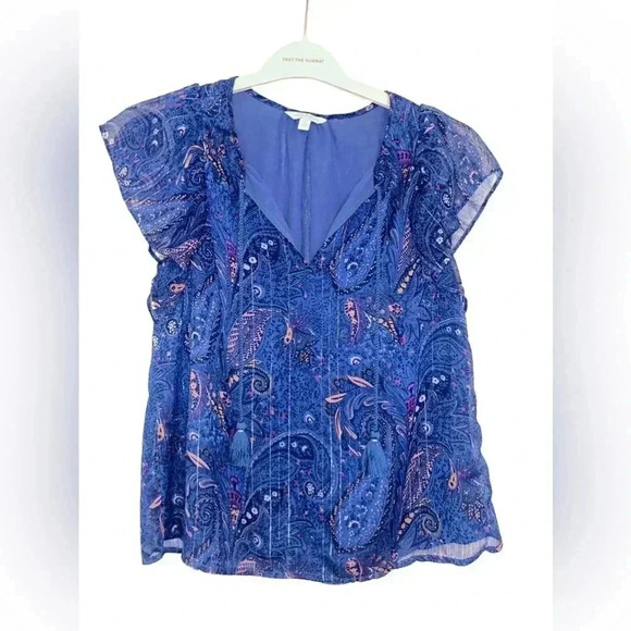 Lucky Brand Blue Paisley Patterned Dressy Blouse, Silver Shimmers Size Small - Picture 1 of 6